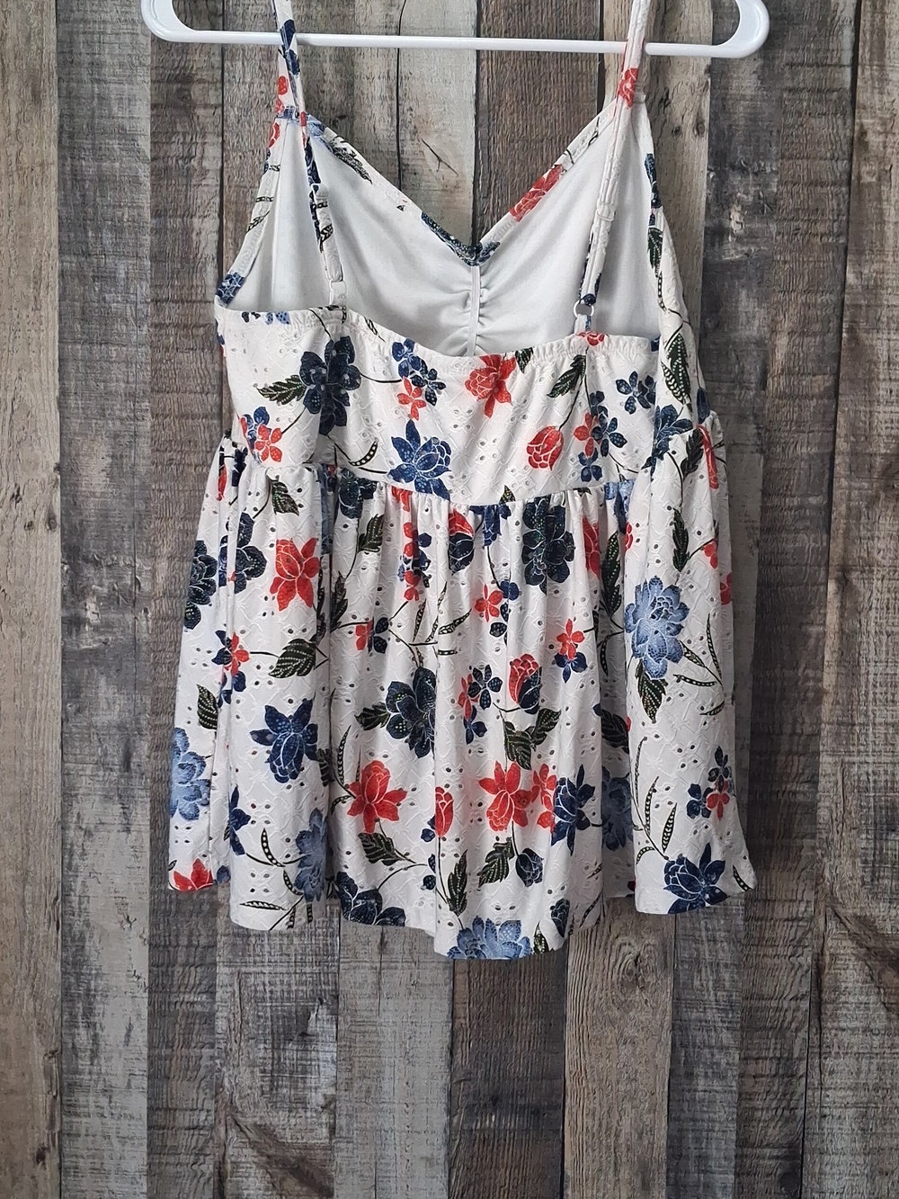 Floral Eyelet Spaghetti Strap Tank Top - White with Blue & Red Flowers - Picture 2 of 4